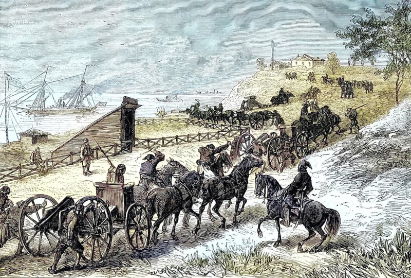 Russo-Ottoman War (1877–1878), Russian troops crossing the Danube near the strategically important fortress of Rustchuk, Roustchouk, Russe, on the Bulgarian-Romanian border, Bulgaria, illustration, reproduction of a 19th-century original. Authentic, file restored for optimal use, exact date of the original unknown, historical, nostalgically coloured