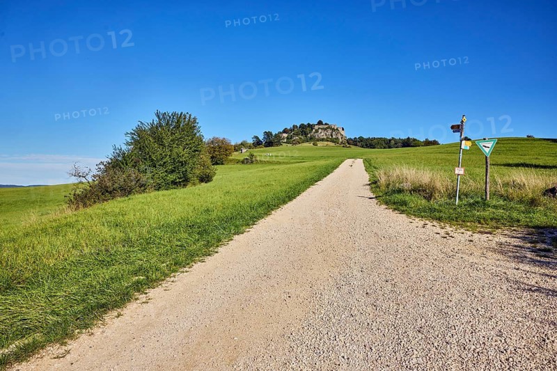 Hohentwiel mountain, Hohentwiel fortress ruins, cinder stone footpath, nature reserve, meadow, shrubs, trees, hilly landscape, landscape photography, blue sky, cloudless, Hilzingen, Hegau, Konstanz district, Baden-Württemberg, Germany
