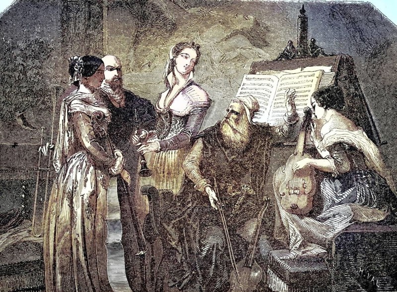 Palestrina's music stand. The scene depicts a stylised performance or rehearsal from the era of the famous Renaissance composer Giovanni Pierluigi da Palestrina (16th century) . An elderly, bearded man sits in the centre, conducting the ensemble in front of a large, open music book. Surrounding him are several men and woman holding or playing historical musical instruments, including plucked and stringed instruments, illustration, reproduction of a 19th-century original. Authentic, file restored for optimal use, exact date of the original unknown, historical, nostalgically coloured
