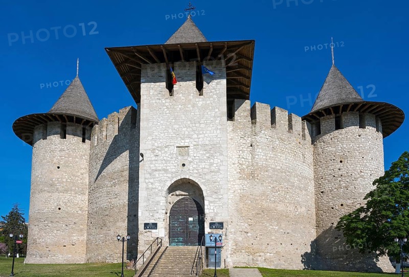 Front view of castle with central entrance, stairs and sky blue, Soroca Fortress, Soroca, Republic of Moldova, Moldova