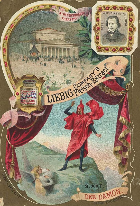 Series of paintings by opera houses, St. Petersburg Theatre, Mariinsky Theatre. The third act of the opera The Demon by Anton Rubinstein is shown, Liebigbild, digitally restored reproduction of a collector's painting from around 1900, exact date unknown