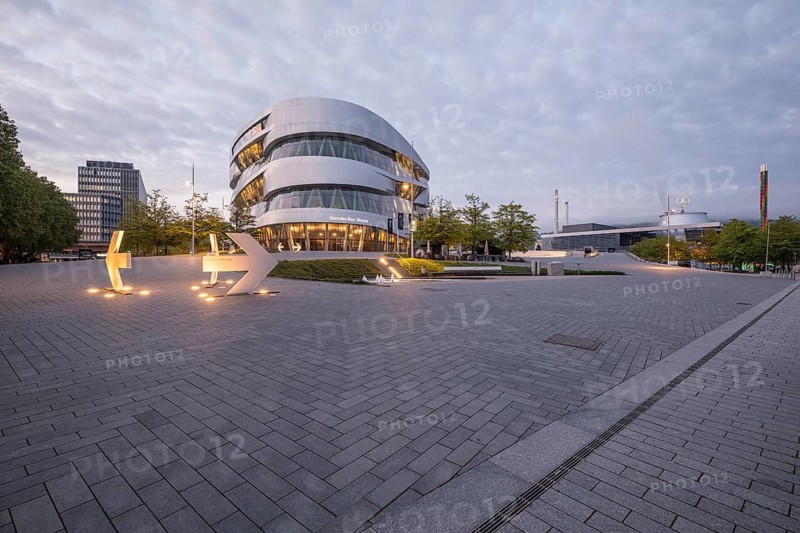 08.05.2026 Mercedes Benz Museum with illuminated modern architecture and empty plaza at dusk in Stuttgart, Baden Württemberg, Germany
