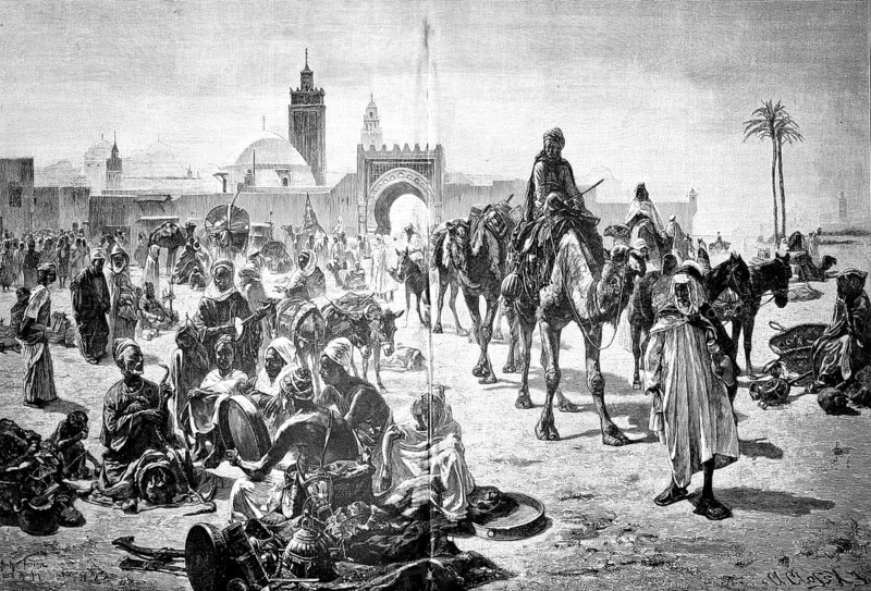 Kairouan bazaar in Tunisia, around 1880, camel caravan arrives at the market square, illustration, reproduction of a model from the 19th century. Authentic, file restored for optimal use, exact date of submission unknown, historical