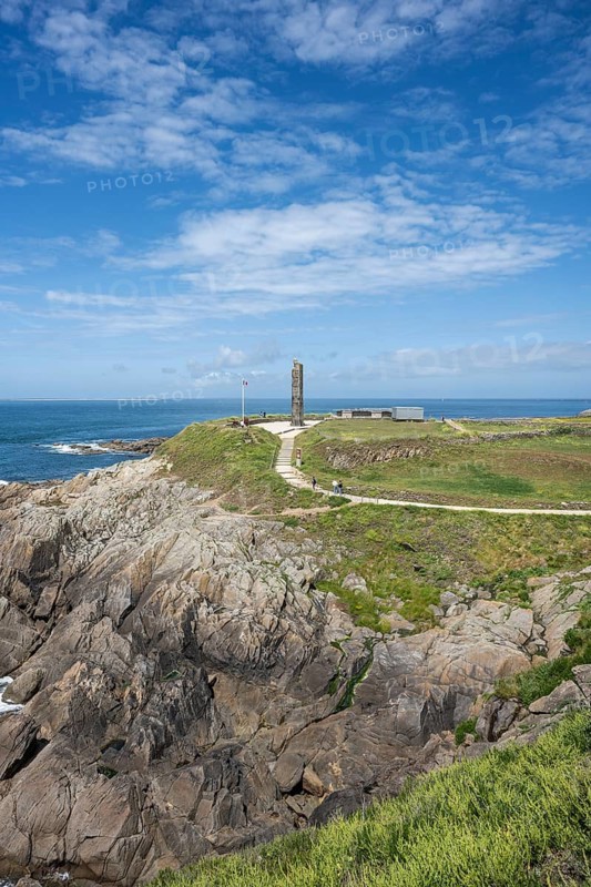 Coastal landscape at Pointe Saint-Mathieu with a view of the national sailor's monument at Cape Pointe Saint-Mathieu, Plougonvelin, Brest Arrondissement, Finistère, Brittany region, France