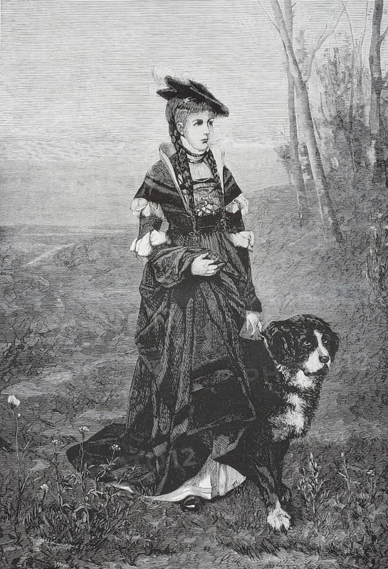 An elegantly dressed young woman in historicizing costume walking in an autumn or rural landscape and keeping a large dog on a leash. Both look intently into the distance as if they had noticed someone, illustration, reproduction from a 19th-century model. Authentic, file restored for optimal use, exact date of submission unknown, historical