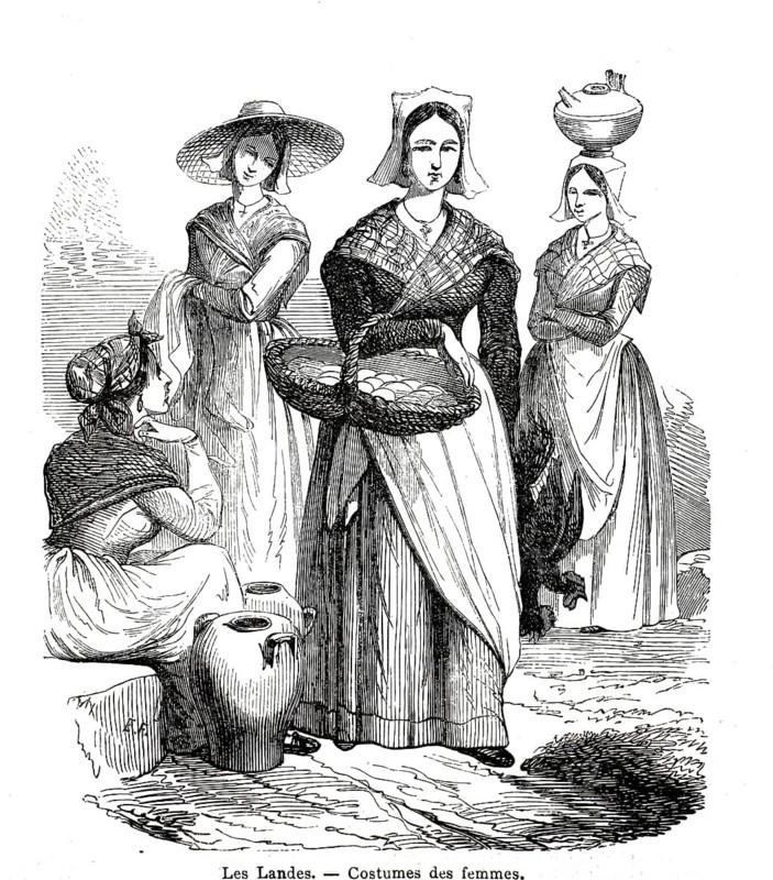 Illustration from 1843 shows traditional woman's costumes in the French region of Les Landes, historic clothing, including white bonnets and shoulder towels, France, illustration, reproduction from a 19th-century model. Authentic, file restored for optimal use, exact date of submission unknown, historical