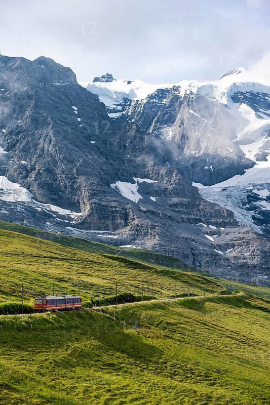 Jungfrau Railway to Jungfraujoch runs through green meadows, above the Kleine Scheidegg stop, rack railway, in the back mountains with peaks Eiger, Mönch and Jungfrau, Jungfrau region, Bernese Oberland, Switzerland