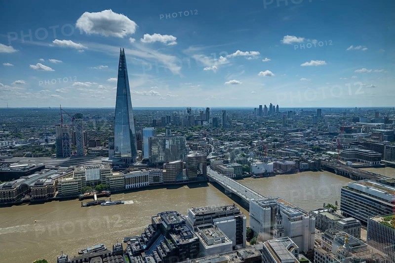 View from the 20 Fenchurch Street skyscraper of the city center, the Thames and The Shard skyscraper in the Southwark district, London, England, Great Britain, Great Britain