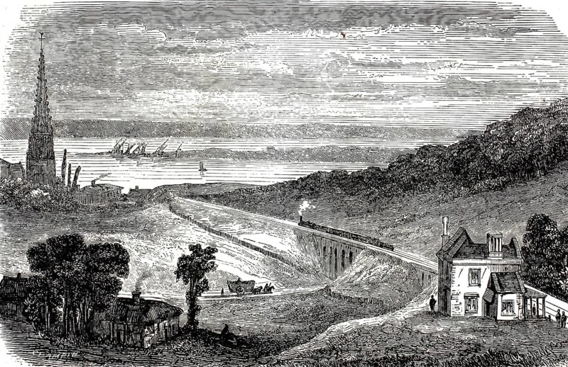 Station and railway line from Rouen to Le Havre in 1847. The train is just crossing the distinctive viaduct that crosses the valley, railway viaduct, Normandy, France, illustration, reproduction from a 19th-century model. Authentic, file restored for optimal use, exact date of submission unknown, historical