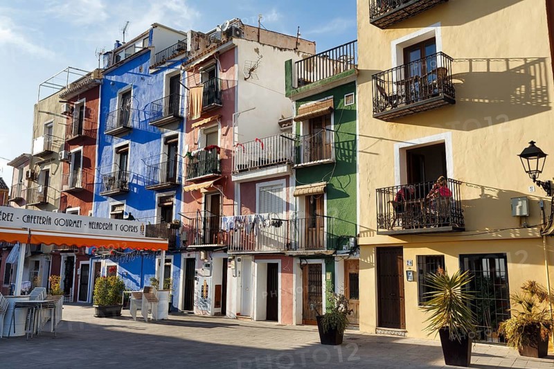 Colourful house facades, old town, Villajoyosa, Costa Blanca, Spain