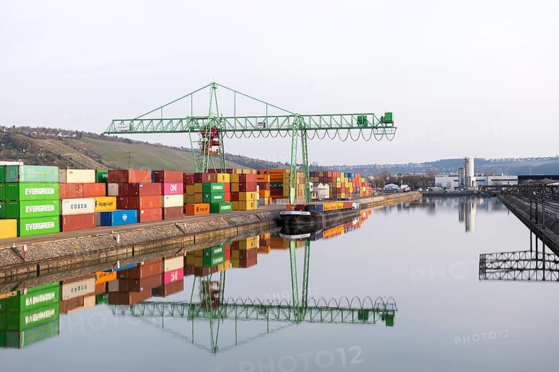 Industrial harbor view with stacked containers and cranes, port, Stuttgart, Baden-Württemberg, Germany