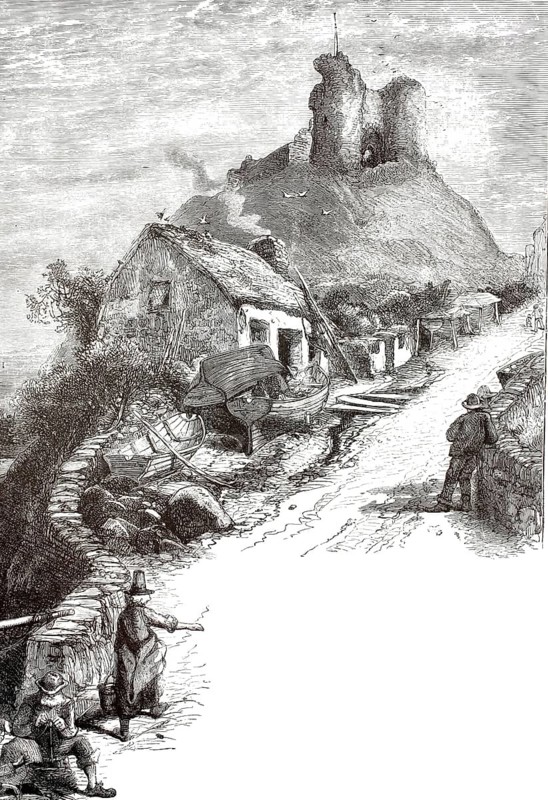 Criccieth Castle, high medieval castle ruins in Criccieth in northwestern Wales, illustration, reproduction from a 19th century model. Authentic, file restored for optimal use, exact date of submission unknown, historical