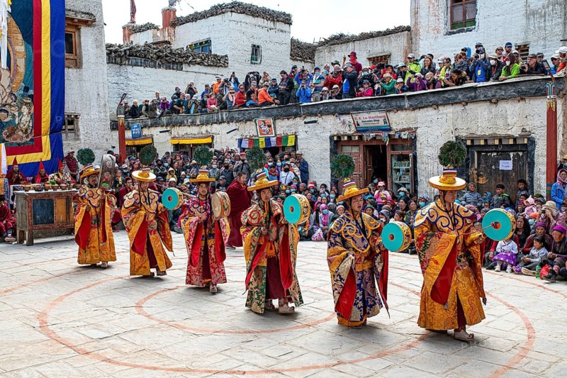 Buddhist monks dance to Tji festival, Lo Manthang, Mustang, Upper Mustang, former kingdom, Nepal