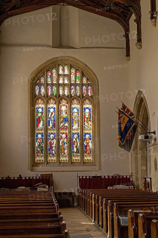 Interior view, benches, window, St Mary's Church, Bibury, The Cotswolds, England, Great Britain