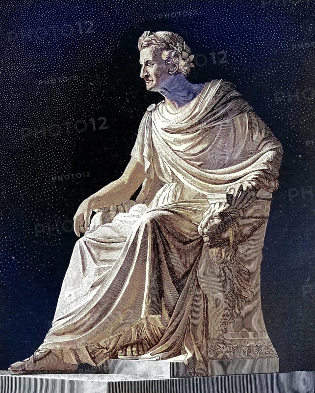 The monument of King Ludwig I of Bavaria in the Valhalla near Regensburg, illustration from the 19th century, Germany, illustration, reproduction from a model from the 19th century. Authentic, file restored for optimal use, exact date of original unknown, historical, nostalgically colored