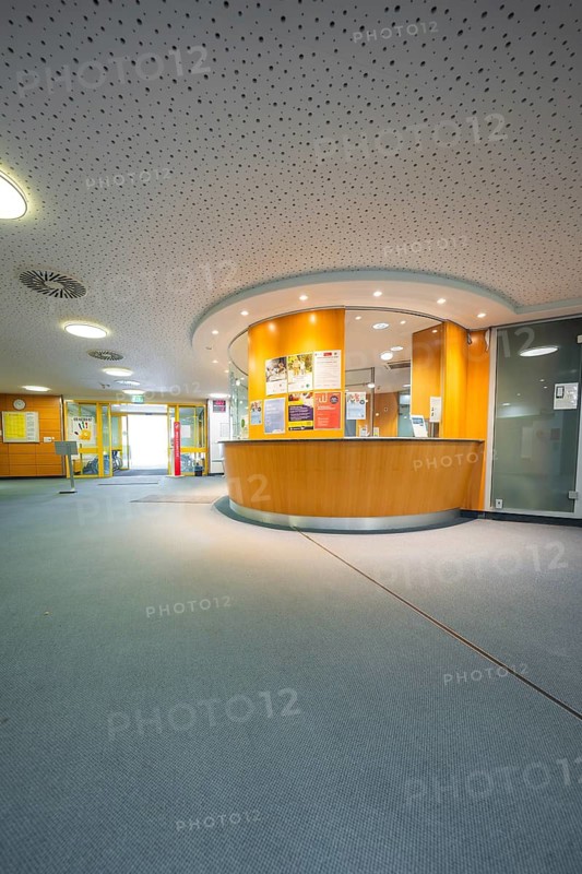 Bright reception area with wooden and glass elements, Nagold Hospital des Klinikverbund Südwest, Calw district, Germany