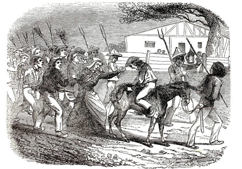 Donkey rider, French depiction of public punishment in which a man is paraded on a donkey, 1847, France. It is a traditional Rüge dish. In this particular custom, in rural areas, a man who had allowed himself to be beaten or dominated by his woman was publicly reprimanded. The victim was placed backwards on a donkey and, with great noise, cat music, paraded and ridiculed through the streets by the village community, illustration, reproduction from a 19th-century model. Authentic, file restored for optimal use, exact date of submission unknown, historical