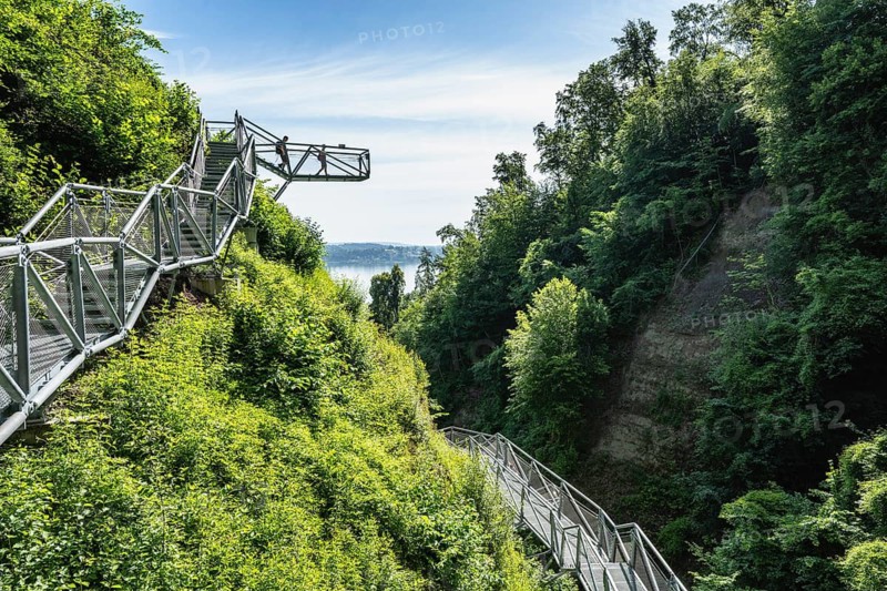 The panoramic jetty of the Marienschlucht, which was opened in 2026 and is accessible to tourism. The new tourist attraction on Lake Constance, consisting of a steel structure weighing a total of 90 tons, runs down to the lakeside with over 280 steps, Langenrain, Allensbach, the district of Constance, Baden-Württemberg, Germany