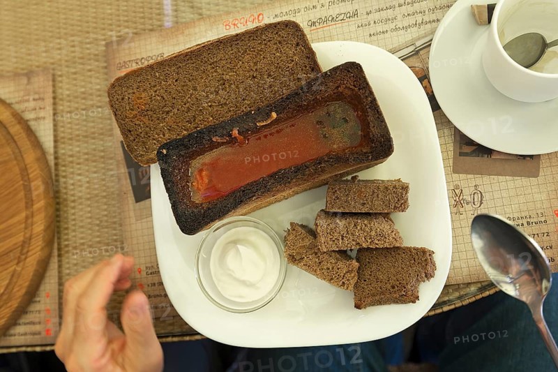 Goulash soup in sliced bread, specialty in Ukraine, Chernowicz, Ukraine