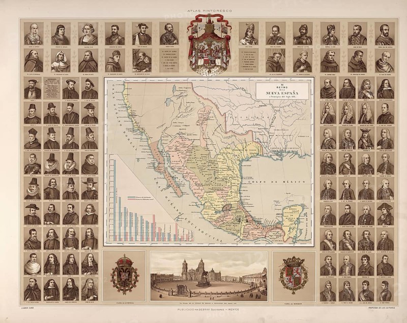 Ruler, government, nobility, grouped around a map of Mexico, around 1900, illustration, reproduction from a 19th-century model. School picture, mural, authentic, file restored for optimal use, exact date of original unknown, historical