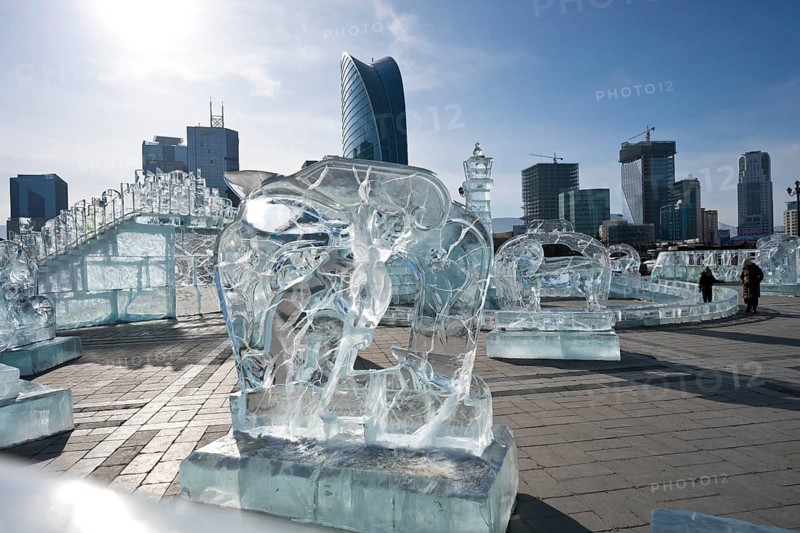 Ice sculpture on Sukhbaatar Square or Chinggis Khaan Square at minus 20 degrees Celsius, Ulan Bator, Ulan Bator, Mongolia