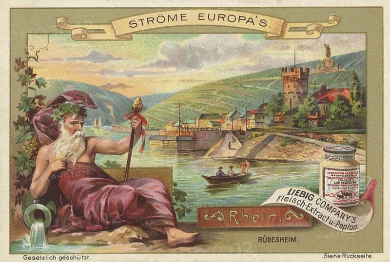 Picture series Streams of Europe, Rhine near Rüdesheim, illustrated with a mythological figure of the river god and a product glass of Liebig Company's meat extract peptone, favorite picture, digitally restored reproduction of a collector's painting from around 1900, exact date unknown