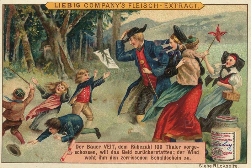 Picture series Sagen, The Poor Farmer Veit borrowed 100 thalers from Rübezahl in return and issued him a conscientious promissory note in return, but Rübezahl, who wanted to check the integrity of the farmer, tore up the promissory note and let the snippets blow at the farmer in the wind to show that the debt had been paid, favorite picture, digitally restored reproduction of a collector's painting of ca 1900, exact date unknown