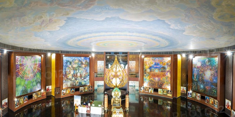 Main hall of the elephant temple Thep Wittayakhom Vihara, Wittayakom, mural and golden lotus flower, Wat Baan Rai, Korat, Nakhon Ratchasima Province, Isaan, Isan, Thailand