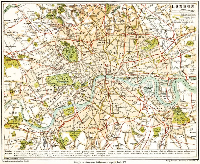 City map of London on the Thames, capital, England, Great Britain, United Kingdom, big city, cartography, scale, English miles, kilometers, horse track, railroad, roads, parks, cemeteries, docks, Kensington, Westminster, Chelsea, surrounding area, city, explanations, names, Hyde Park, Regents Park, geography, 19th century, color historical illustration 1891