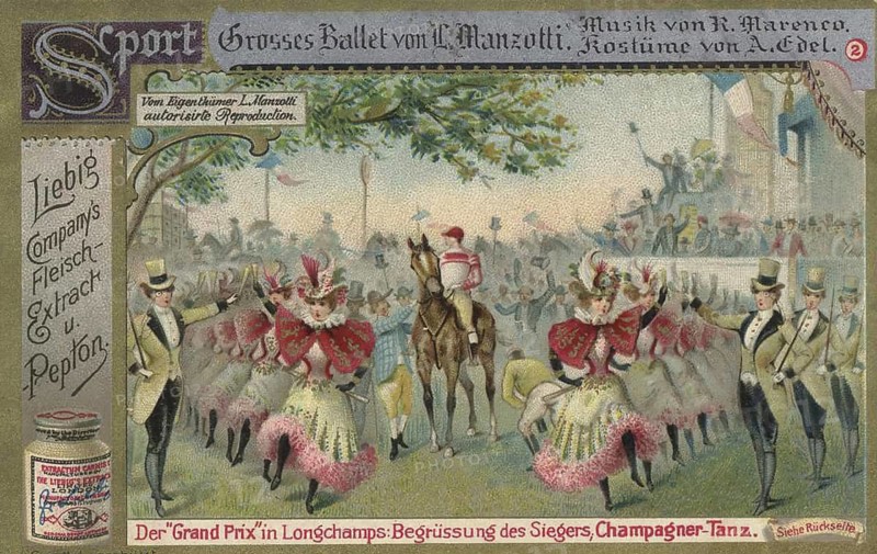 Picture series Grand Ballet by C. Manzotti, scene from the ballet Excelsior by Luigi Manzotti depicting the Grand Prix de Longchamps, favorite painting, digitally restored reproduction of a collector's painting from around 1900, exact date unknown