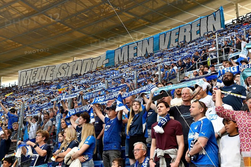 Fan block, fans, fan curve, flags, atmosphere, atmospheric Südkurve TSG 1899 Hoffenheim soccer Bundesliga, PreZero Arena, Sinsheim, Baden-Württemberg, Germany