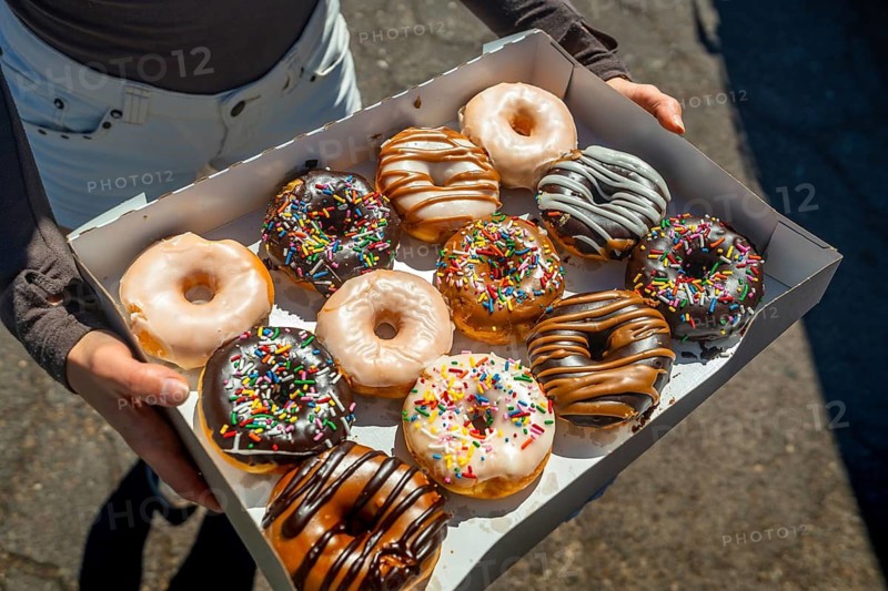 Person's hands carrying an open white box filled with a dozen delicious, colorful donuts, featuring various glazes, chocolate frosting, and colorful sprinkles, ready for sharing a sweet snack