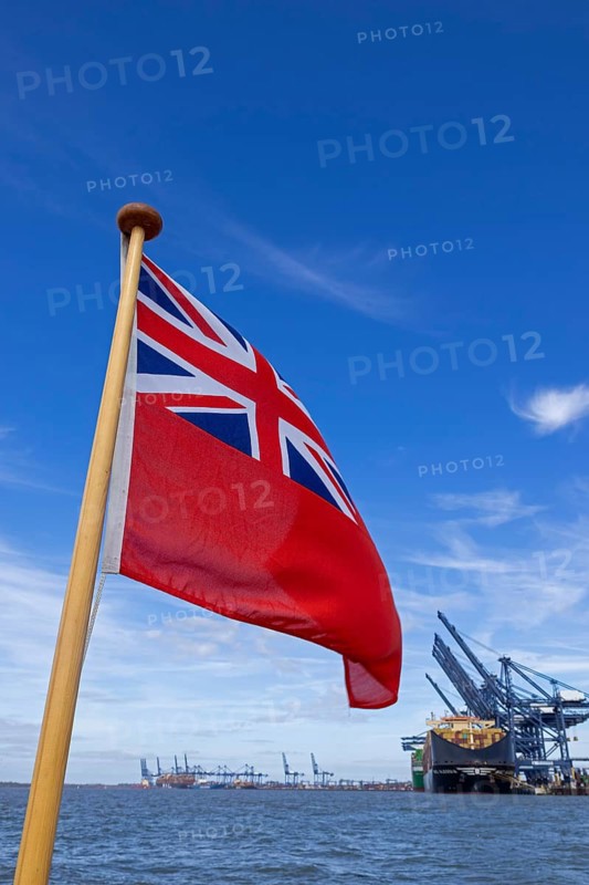 Container port, container ship, flag, Felixstowe, England, Great Britain