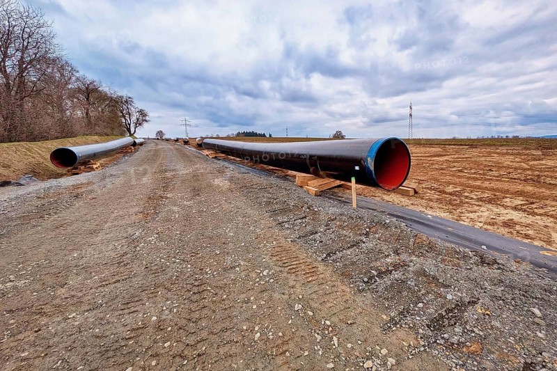 Gauangelloch, Germany - March 2nd 2026: Construction of The South German Natural Gas Pipeline (SEL) with large gas pipeline sections. Energy infrastructure development and pipeline industry