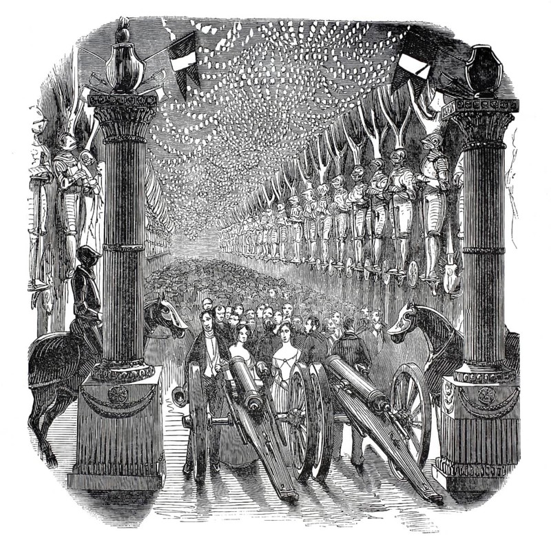 New Year's Day celebrations in the Armory, Salle des Armes, the castle of Vincennes near Paris. Historic knights' armour is lined up on the walls. The fine Parisian society of the early modern period crowds into the hall. The woman wear the then-fashionable, strapless ball gowns, the men wear elegant tailcoats, around 1880, France, illustration, reproduction from a model from the 19th century. Authentic, file restored for optimal use, exact date of submission unknown, historical