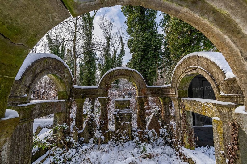 Tomb covered with plants and covered by snow in winter, Weissensee Jewish Cemetery, Berlin Pankow-Weissensee, Germany