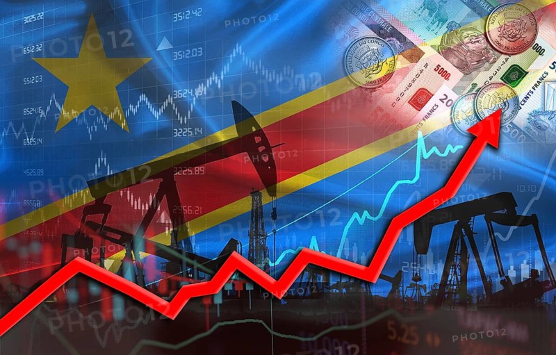 Oil production with Congolese flag, petrol industry. Oil pumps with Republic of the Congo flag