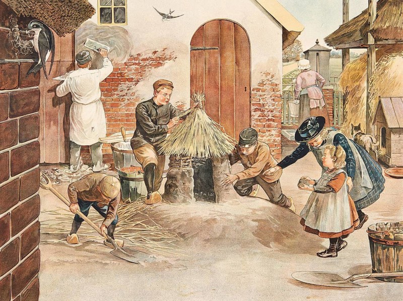 Rural scene on an old farm depicting various activities related to the processing of clay and clay. A young man covers a cone-shaped pile or oven with straw to dry or burn. A plasterer uses a trowel to smooth out fresh white plaster or lime on a brick wall. A child scoops up soil or scraps of clay on the ground, school picture, illustration, reproduction of a model from the 19th century. School picture, mural, authentic, file restored for optimal use, exact date of original unknown, historical