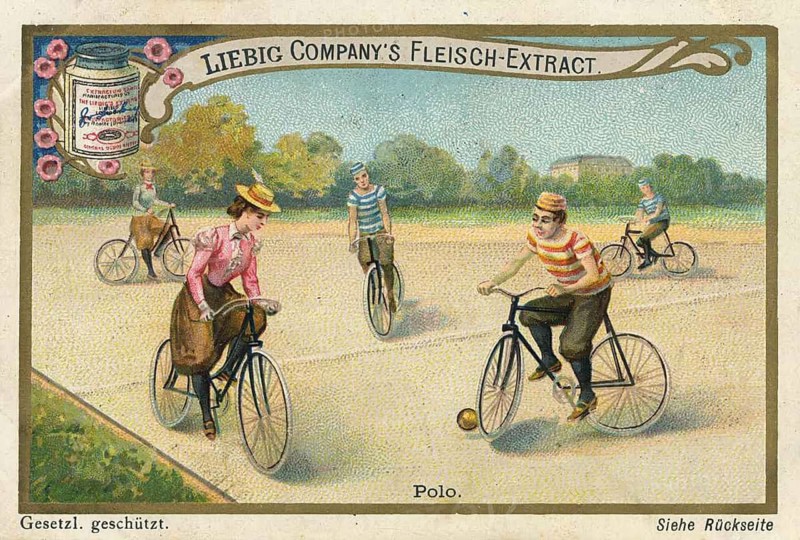 Picture series Cycling, Polo, Historically speaking, this is probably a Radball, as the players control the ball with the wheel and not with a racket, Liebigbild, digitally restored reproduction of a collector's painting from around 1900, exact date unknown
