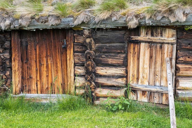 Doors of a traditional wooden hut, Alvdal, Hedmark, Innlandet, Norway, June 2026