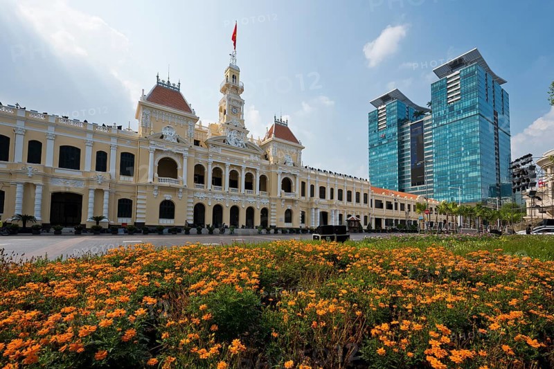 Flowers in front of City Hall in central Hochiminh City, Saigon, Vietnam