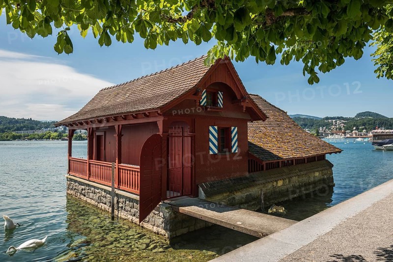 Waterfront and historic boathouse, Lucerne, Lake Lucerne, Canton of Lucerne, Switzerland