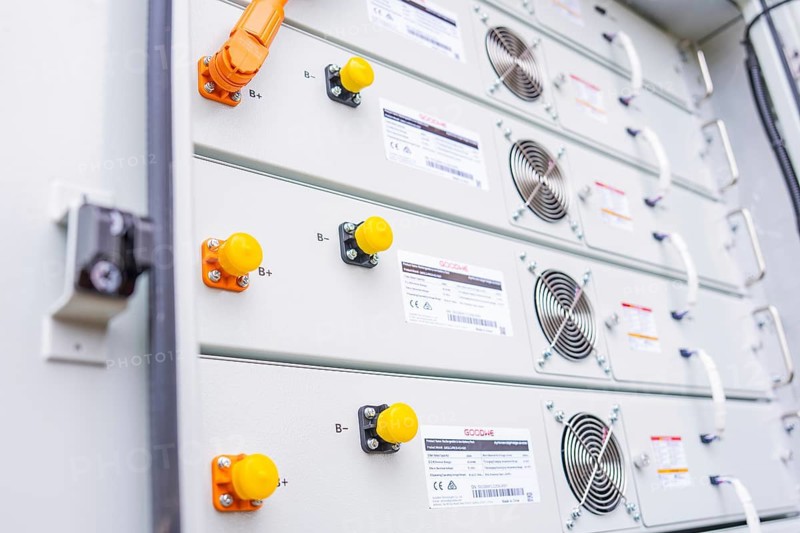 Close-up of a series of battery modules and fans in a control cabinet, Goodwe battery energy storage on a farm, Mönsheim, Germany