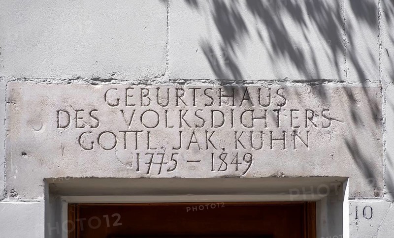 Door gable with inscription, birthplace of folk poet Gottlieb Jakob Kuhn, Bern, Canton of Bern, Switzerland