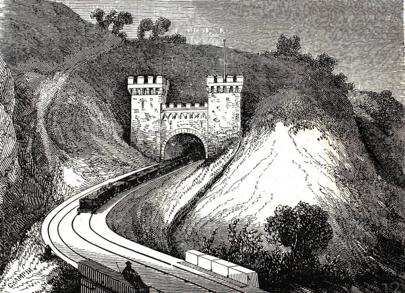 North portal of the Cote Sainte-Catherine Tunnel, Tunnel de la Côte Sainte-Catherine, in Rouen, France. The building was built in the 1840s as part of the construction of the Paris - Rouen - Le Havre railway line and officially opened in March 1847, illustration, reproduction from a model from the 19th century. Authentic, file restored for optimal use, exact date of submission unknown, historical