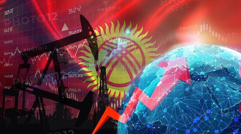 Global oil growth with Kyrgyz flag. International oil exports with Kyrgyzstan flag on the economic chart
