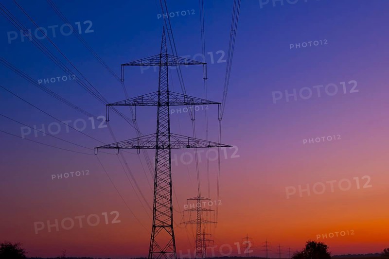 Transmission lines in front of sunset, power line, electricity, energy