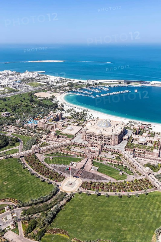 Abu Dhabi skyline from above with Emirates Palace in Abu Dhabi, United Arab Emirates