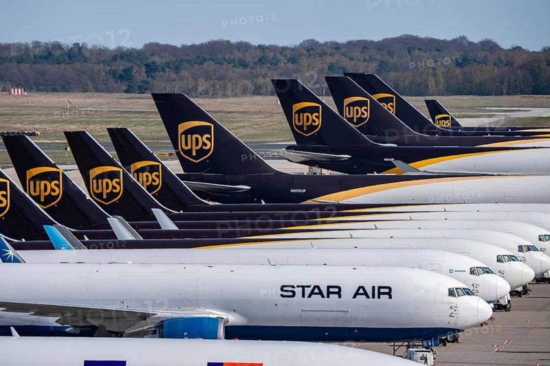 Cologne-Bonn airport, CGN, air freight center, UPS Logisic Hub, UPS cargo aircraft on the apron, Star Air Cargo aircraft, Maersk, at the logistics center