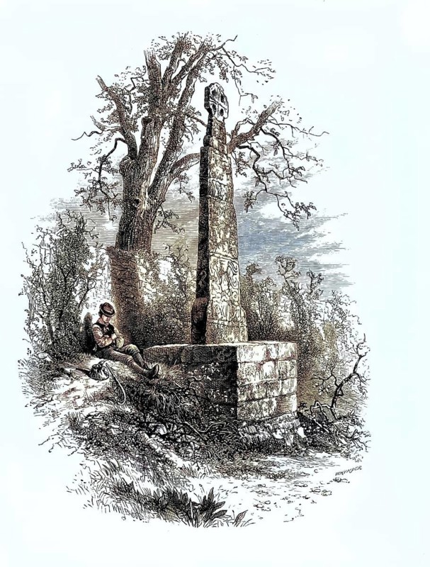 Carew Cross, Welsh Croes Caeriw, in Pembrokeshire, Wales, over four meters high Celtic high cross from the 11th century, is considered a royal monument to Maredudd from Edwin, a ruler of the ancient kingdom of Deheubarth, who fell in battle in 1035, illustration, reproduction from a 19th-century model. Authentic, file restored for optimal use, exact date of original unknown, historical, nostalgically colored